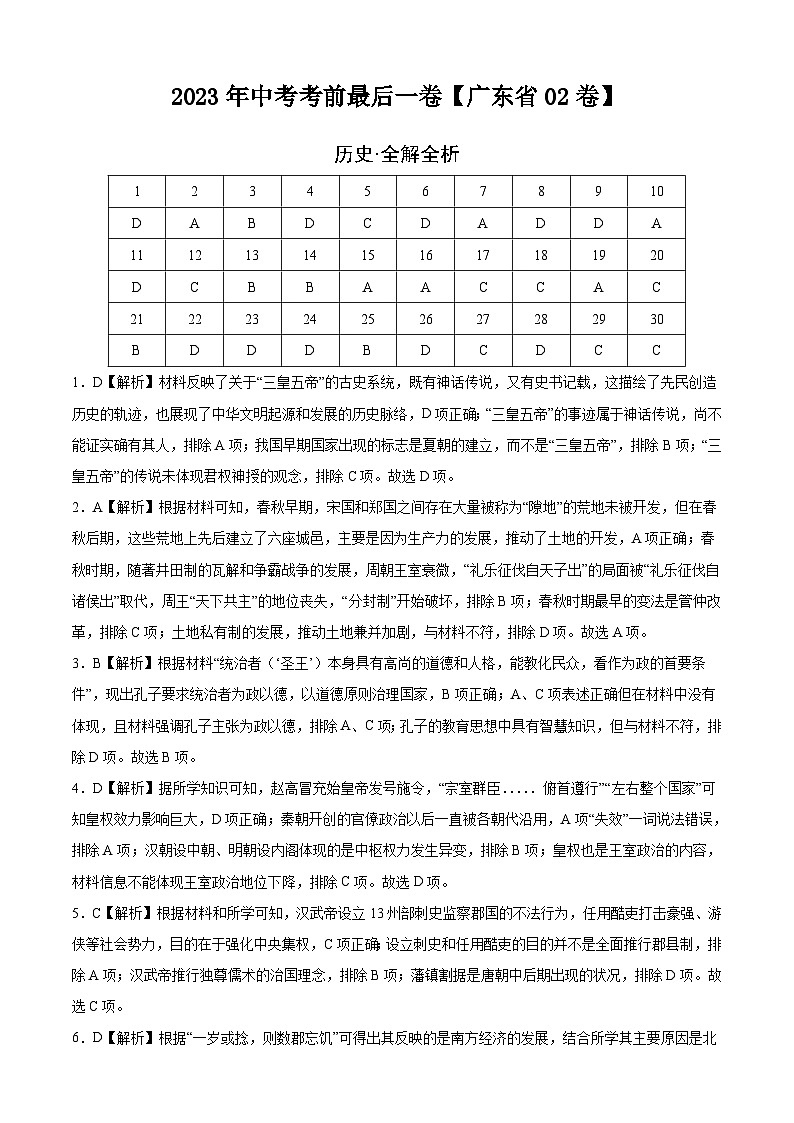 历史-（广东省02卷）【试题猜想】2023年中考考前最后一卷（全解全析）第1页