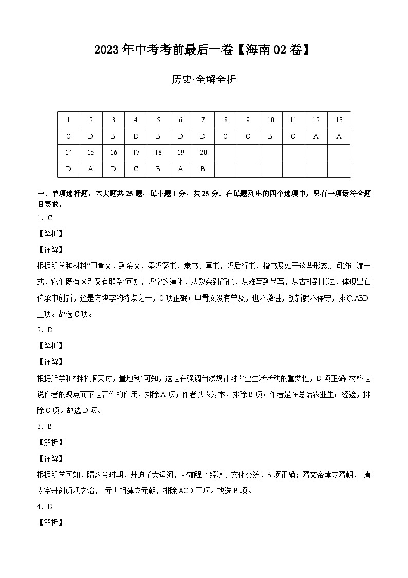 历史-（海南02卷）【试题猜想】2023年中考考前最后一卷（全解全析）第1页