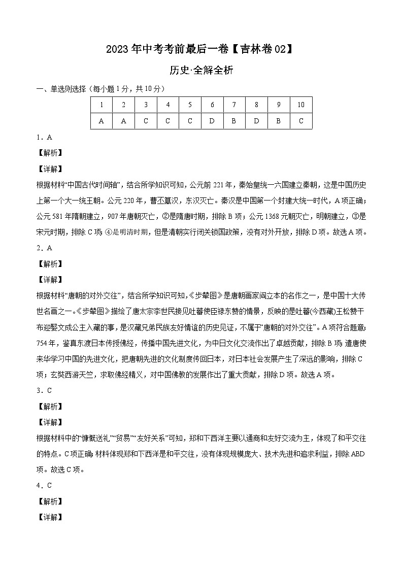 历史-（吉林02卷）【试题猜想】2023年中考考前最后一卷（全解全析）第1页