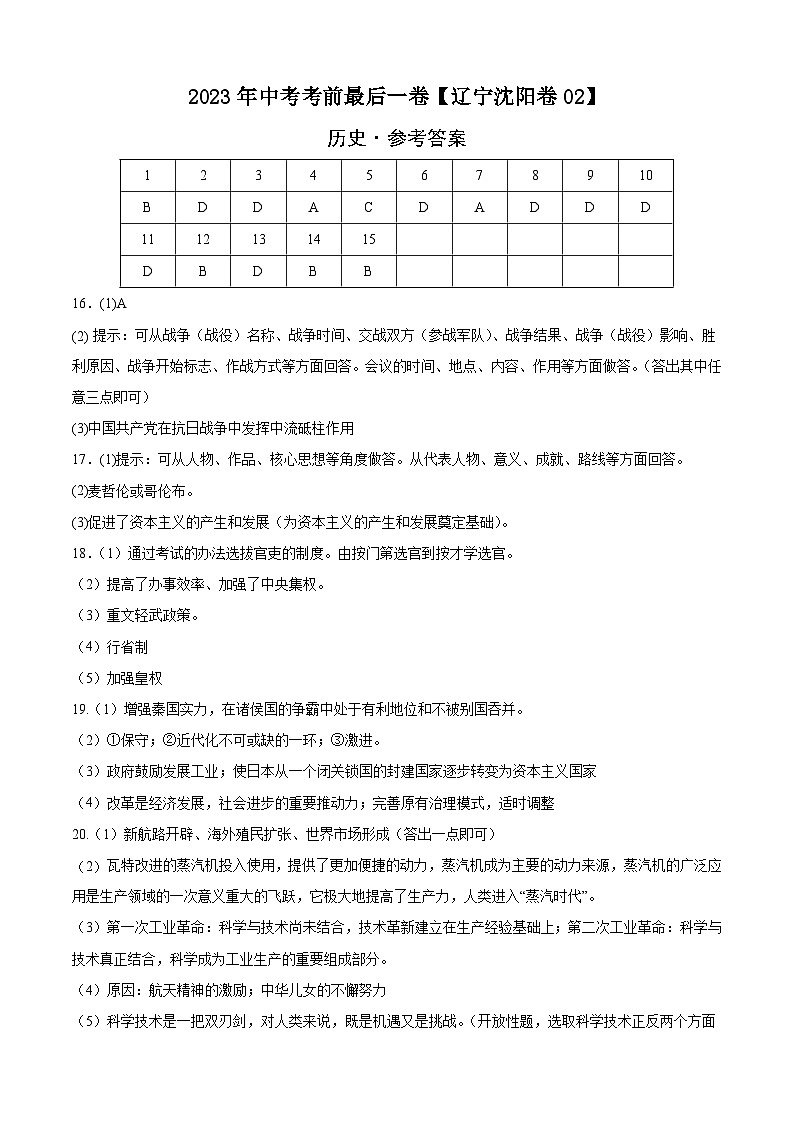 历史-（辽宁沈阳02卷）【试题猜想】2023年中考考前最后一卷（参考答案）第1页