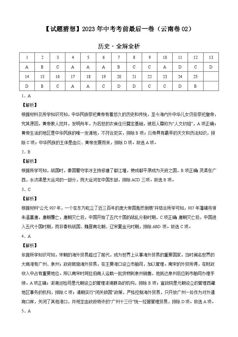历史-（云南02卷）【试题猜想】2023年中考考前最后一卷（考试版+答题卡+全解全析+参考答案）01