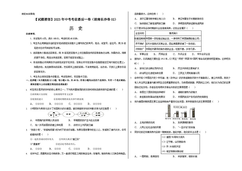 历史-（湖南长沙卷02）【试题猜想】2023年中考考前最后一卷（考试版）第1页