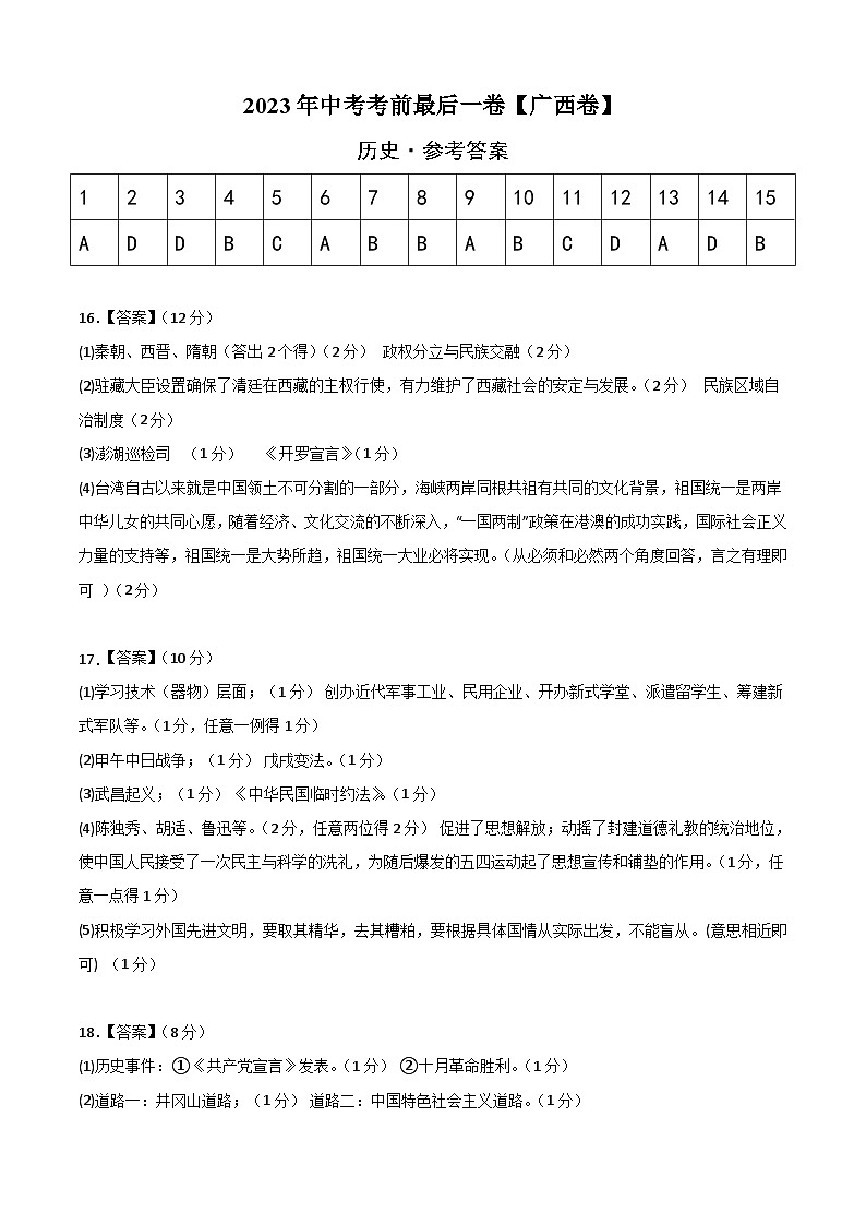 2023年中考考前最后一卷：历史（广西卷）（参考答案）第1页