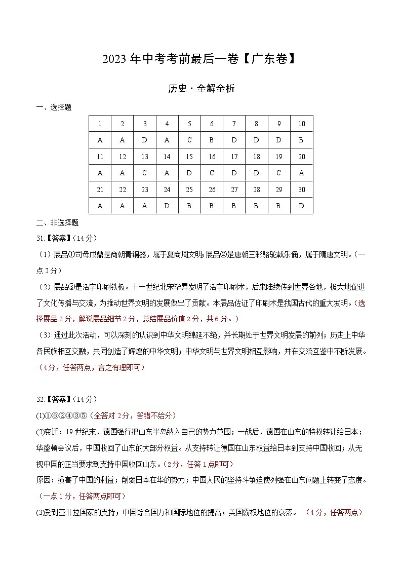 2023年中考考前最后一卷：历史（广东卷）（参考答案）第1页