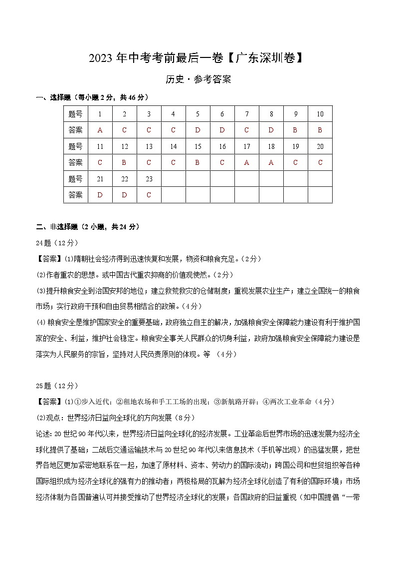 2023年中考考前最后一卷：历史（广东深圳卷）（参考答案）第1页