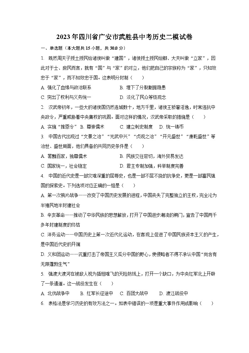 2023年四川省广安市武胜县中考历史二模试卷（含解析）第1页