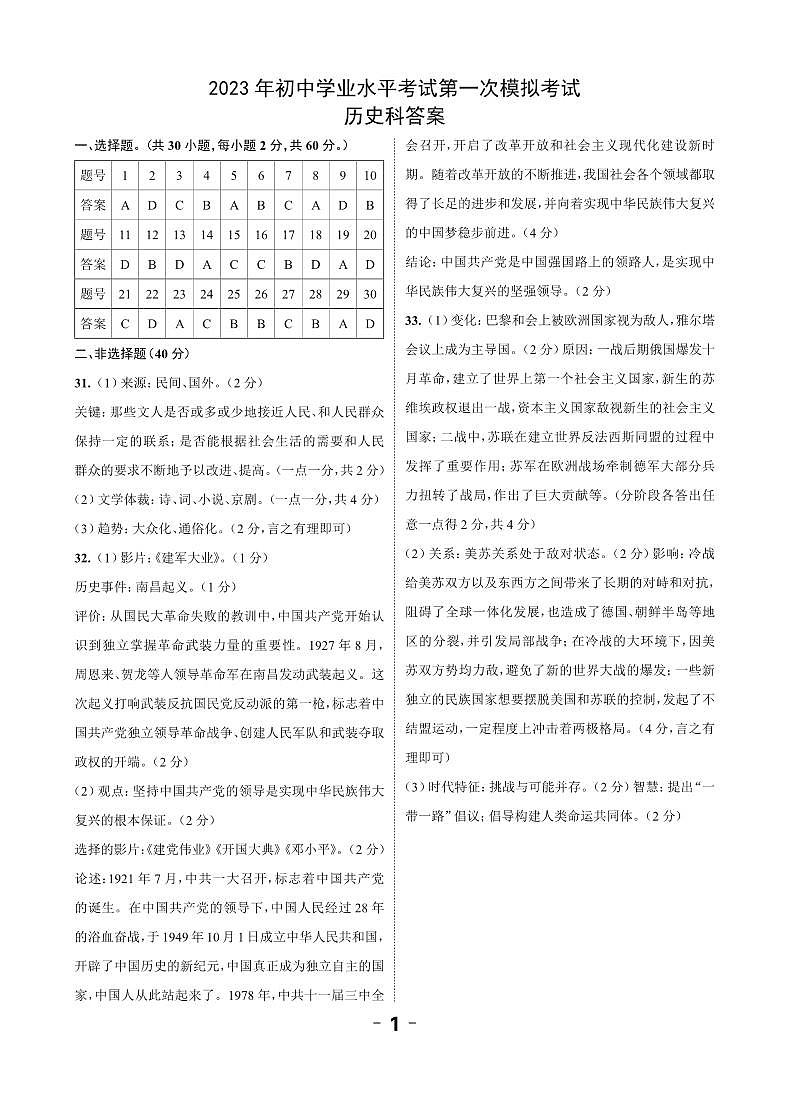 2023年揭阳榕城区中考模拟试卷历史试卷答案(1)第1页