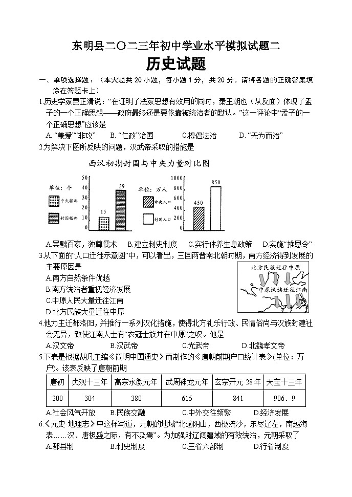 2023年山东省菏泽市东明县中考二模历史试题(含答案)第1页