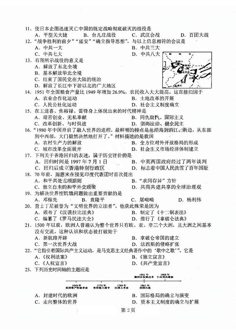 2023年吉林省长春市中考一模历史试题02