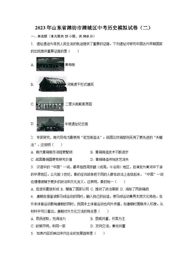 2023年山东省潍坊市潍城区中考历史模拟试卷（二）（含解析）第1页