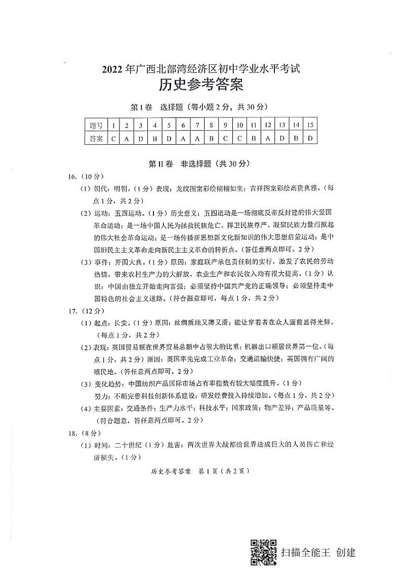 2022年广西北部湾经济区中考历史试题参考答案01