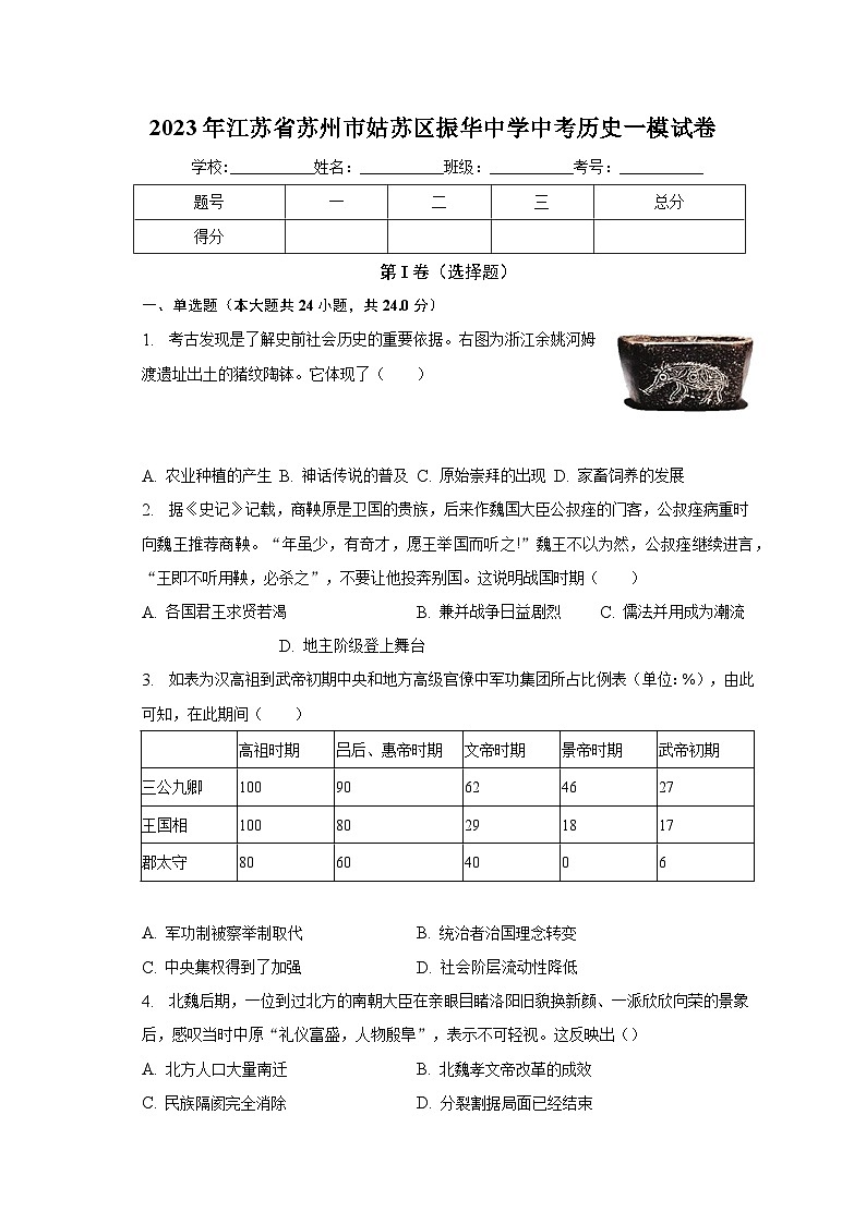 2023年江苏省苏州市姑苏区振华中学中考历史一模试卷（含解析）01