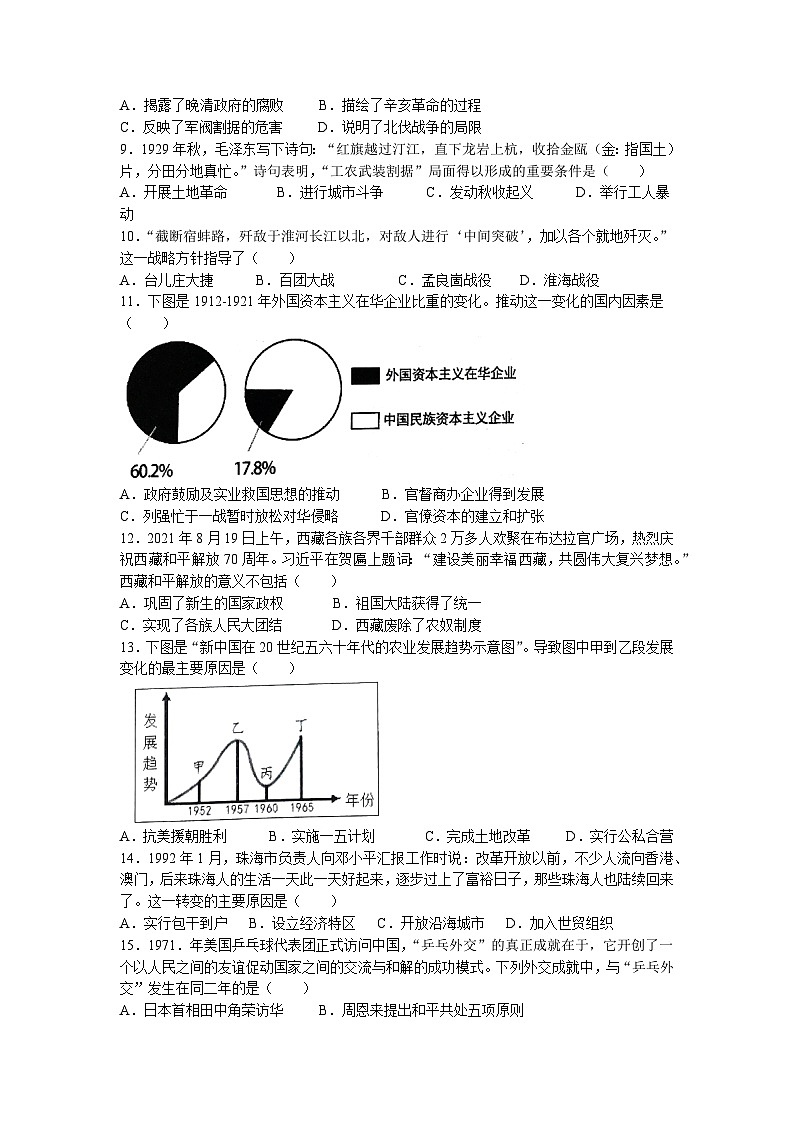 2023年山东省德州市庆云县中考二模历史试题(无答案)02