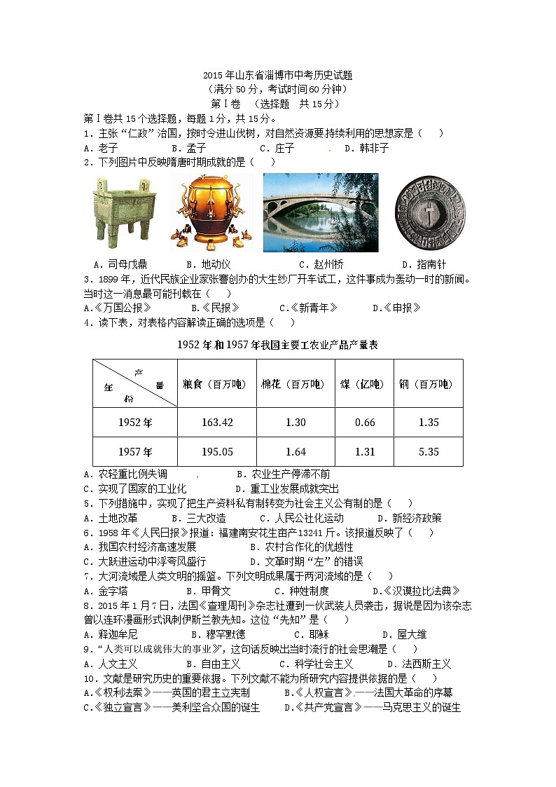 2015年山东淄博中考历史试题01