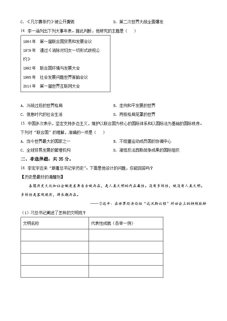 精品解析：2021年山东省淄博市中考历史试题（原卷版）03