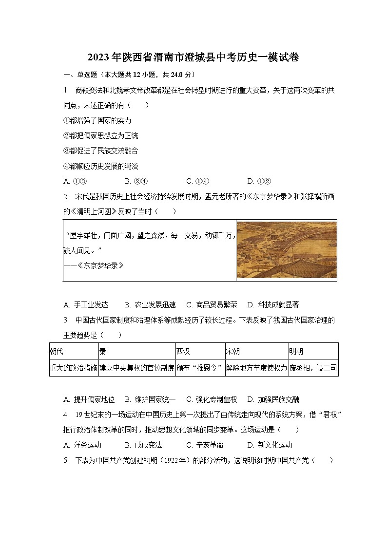 2023年陕西省渭南市澄城县中考历史一模试卷（含解析）01