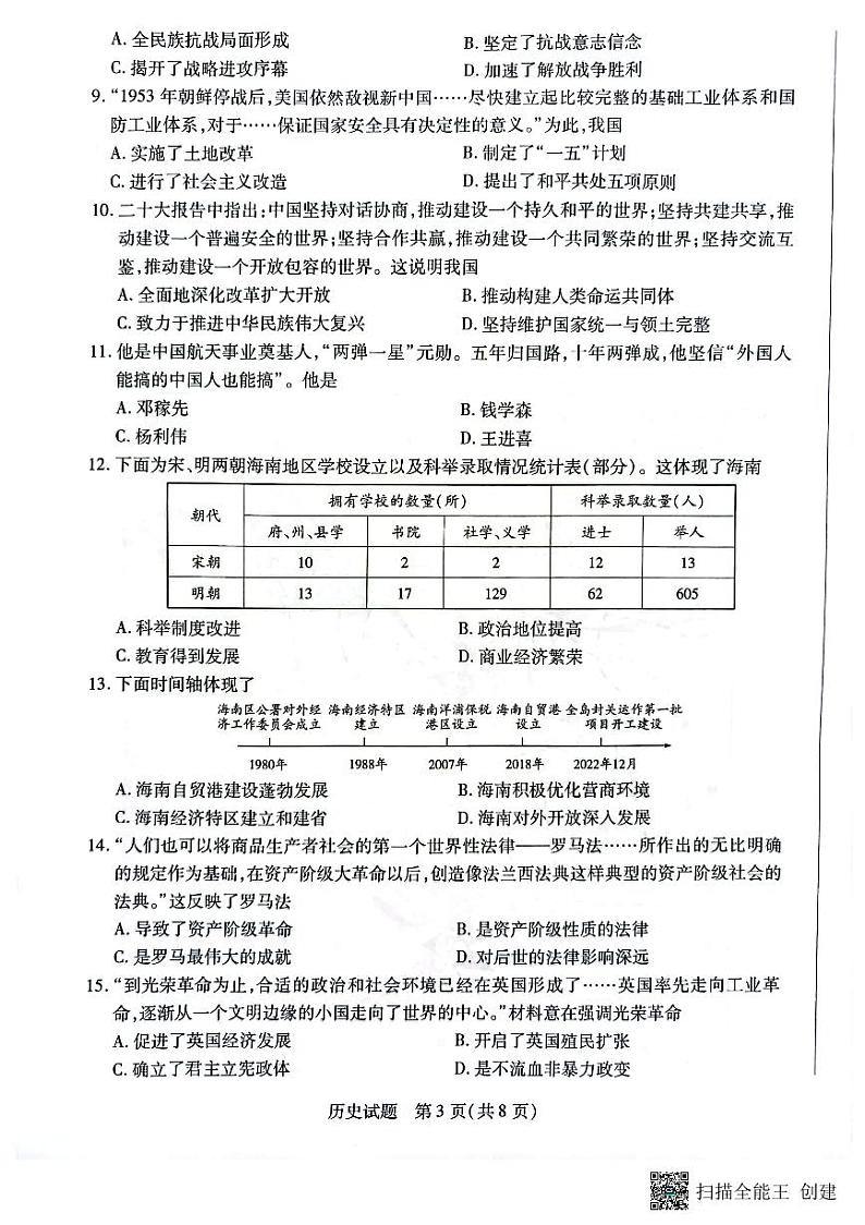 海南省儋州市部分校2023年九年级下学期5月第二次模拟考试历史试题03
