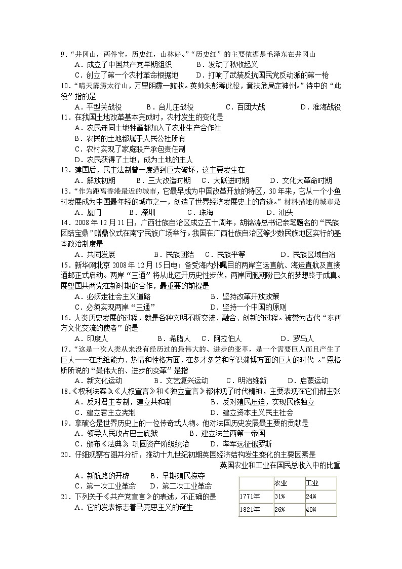 2009广东省历史中考试卷及参考答案第2页