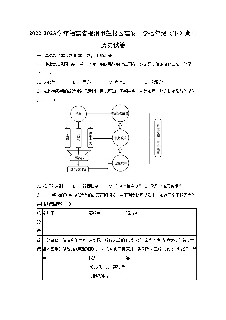 2022-2023学年福建省福州市鼓楼区延安中学七年级（下）期中历史试卷（含解析）第1页