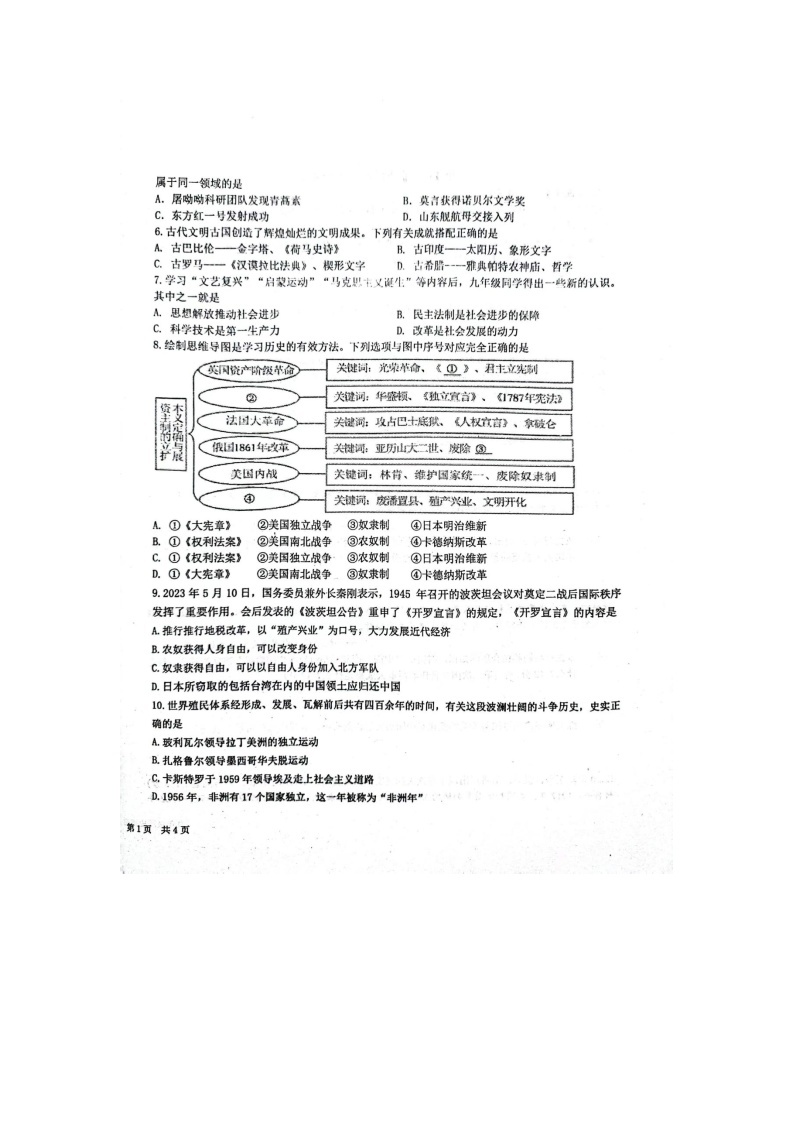 2023年山东省枣庄市山亭区初中学业水平模拟考试历史试卷02