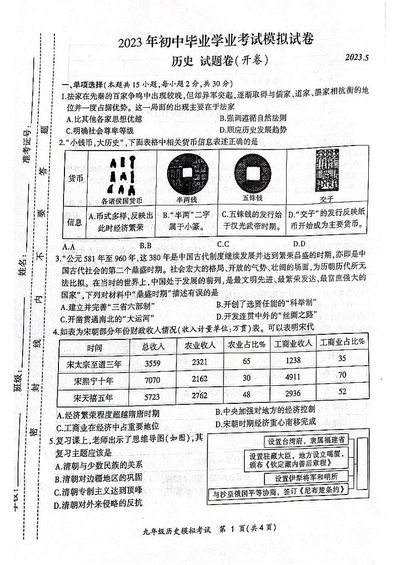 安徽合肥瑶海区2023届九年级中考二模历史试卷+答案01