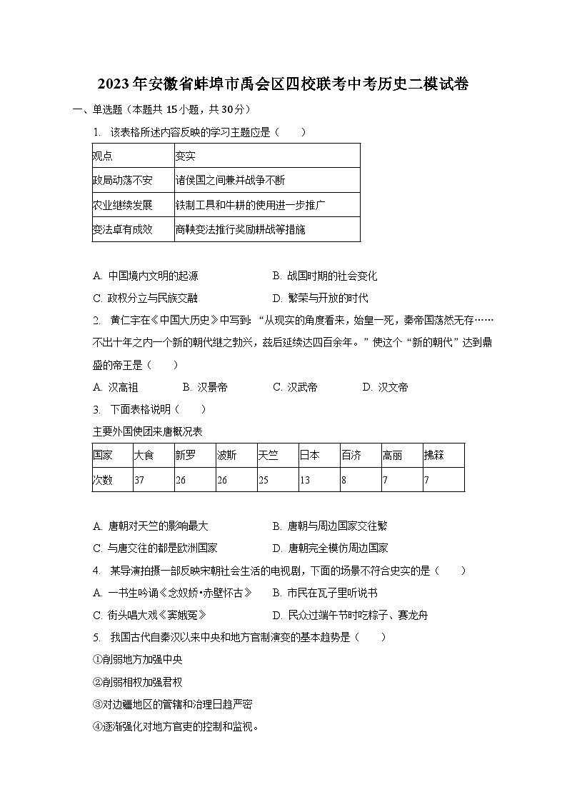 2023年安徽省蚌埠市禹会区四校联考中考历史二模试卷（含解析）01