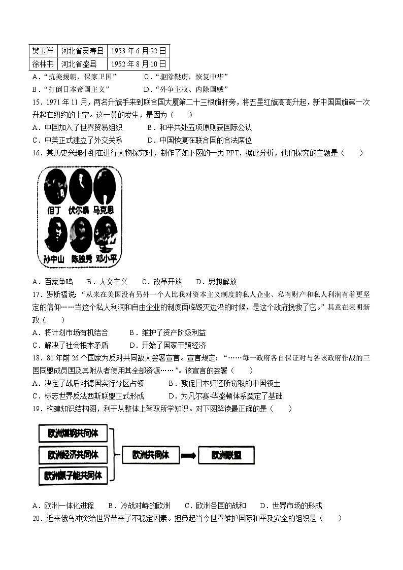 2023年江苏省盐城市东台市中考一模历史试题（含答案）03