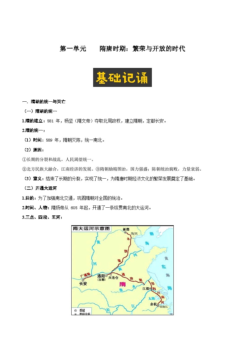 【期末复习】第一单元  隋唐时期：繁荣与开放的时代——七年级历史下学期知识点梳理（部编版）01