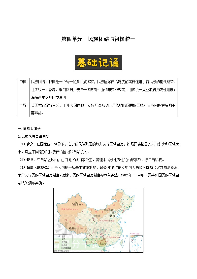 【期末复习】第四单元 民族团结与祖国统一——八年级历史下学期知识点梳理（部编版）01