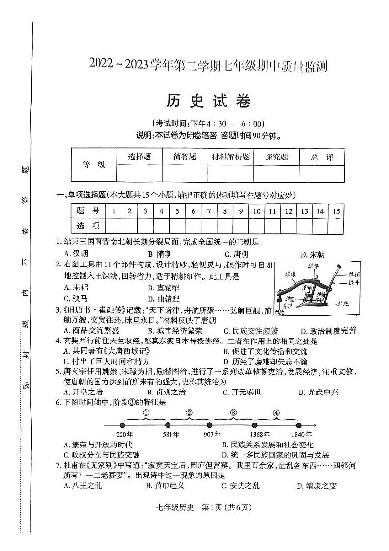 山西省太原市2022-2023七年级初一下学期期中质量检测历史试卷+答案01