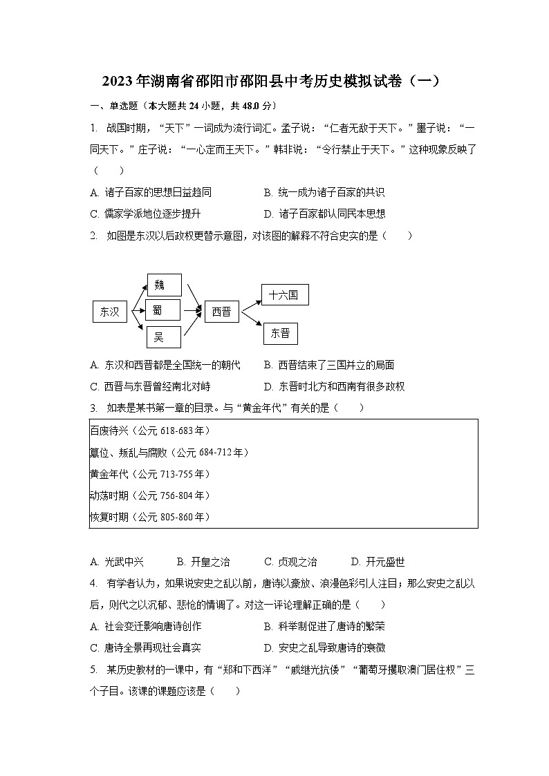 2023年湖南省邵阳市邵阳县中考历史模拟试卷（一）（含解析）01