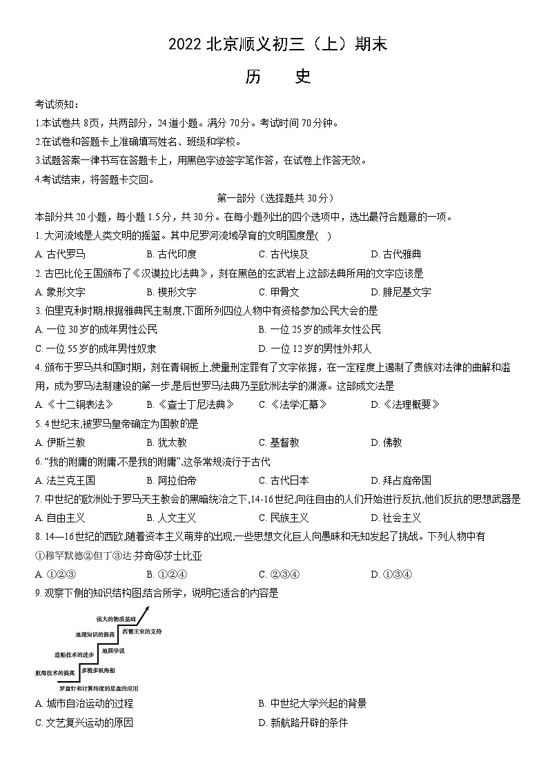 2022北京顺义初三（上）期末历史（教师版） 试卷01