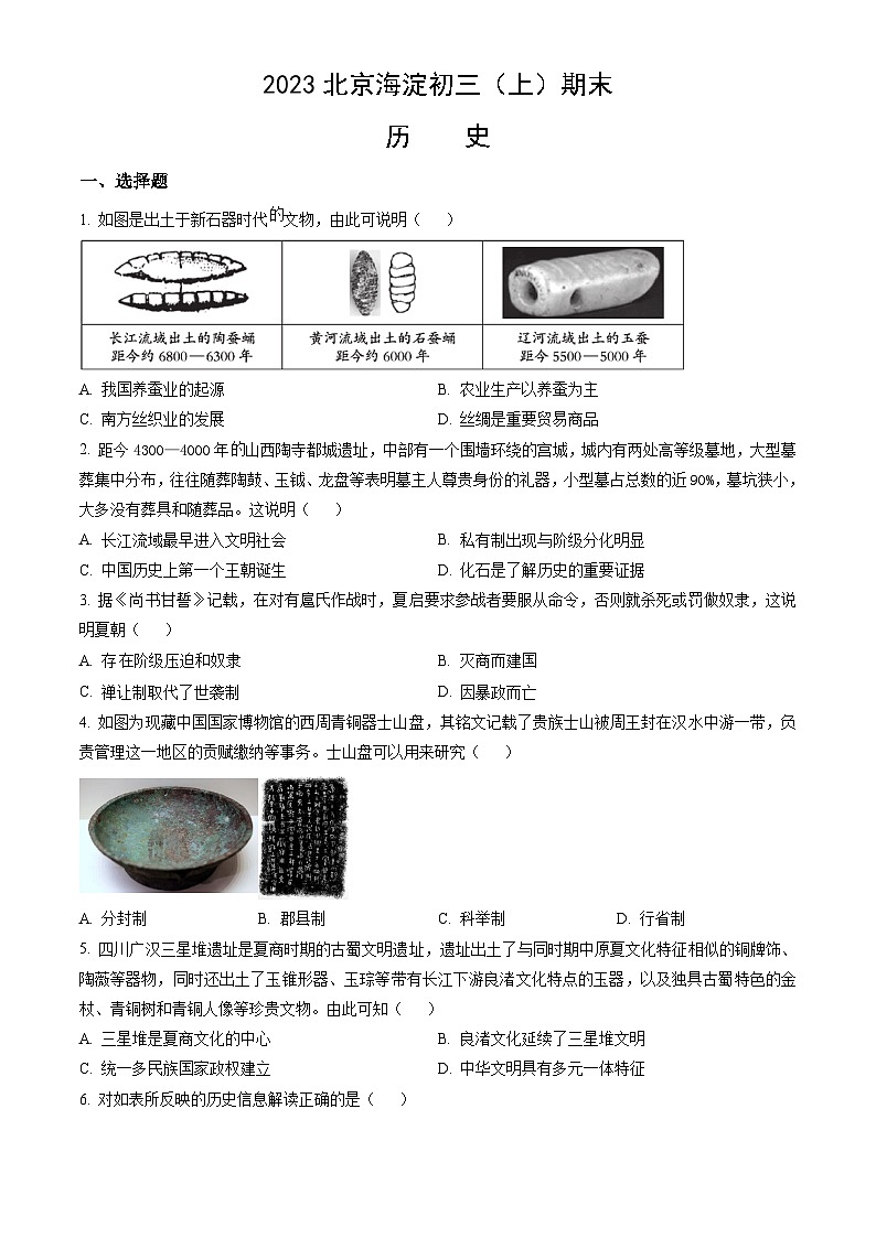2023北京海淀初三（上）期末历史（教师版）第1页