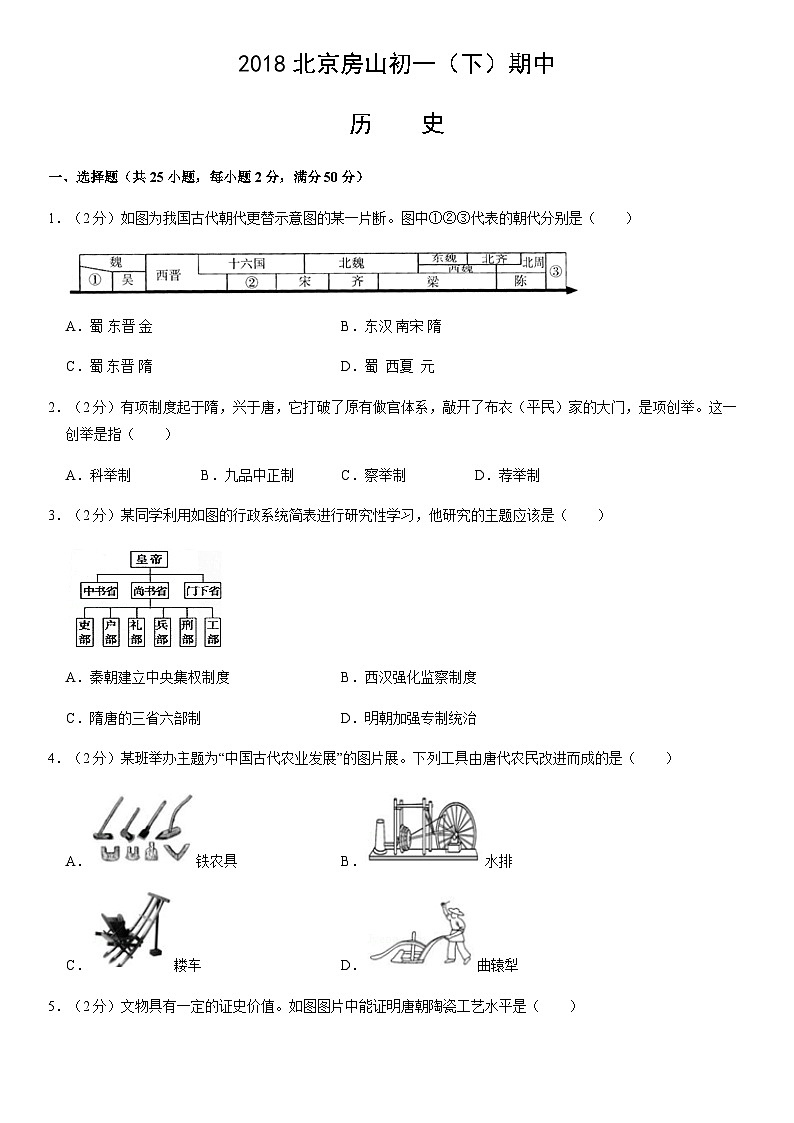 2018北京房山初一（下）期中历史含答案 试卷01