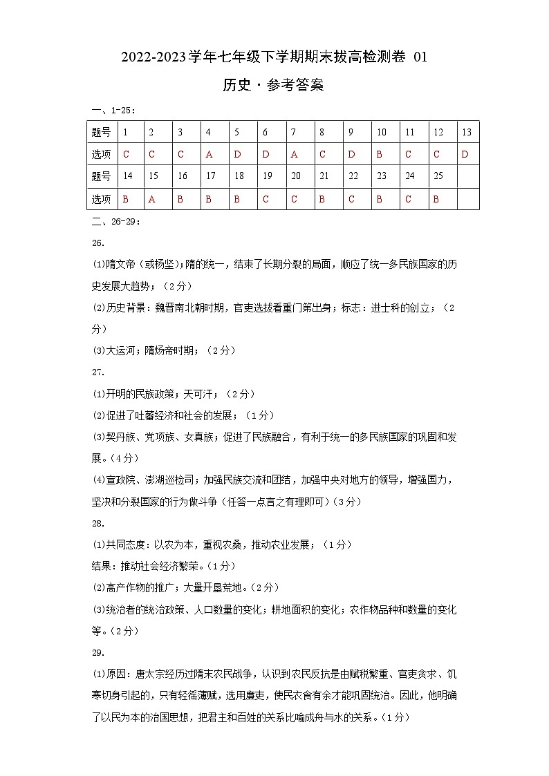 【期末模拟检测】2022-2023学年部编版初中历史七年级下册期末拔高检测卷01（含考试版、全解全析、参考答案）01