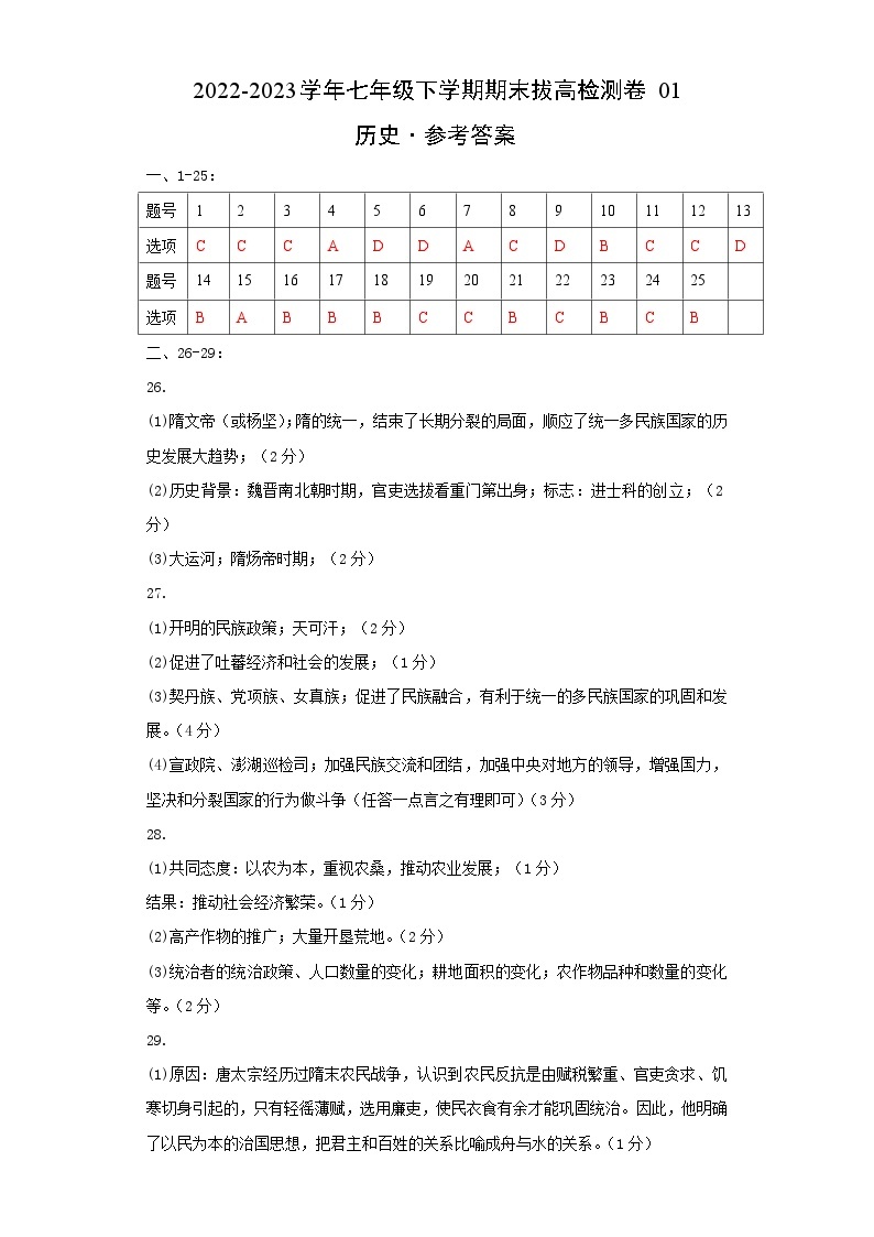 【期末模拟检测】2022-2023学年部编版初中历史七年级下册期末拔高检测卷01（含考试版、全解全析、参考答案）01