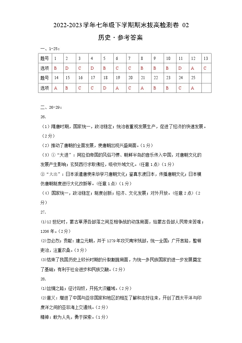 【期末模拟检测】2022-2023学年部编版初中历史七年级下册期末拔高检测卷02（含考试版、全解全析、参考答案）01