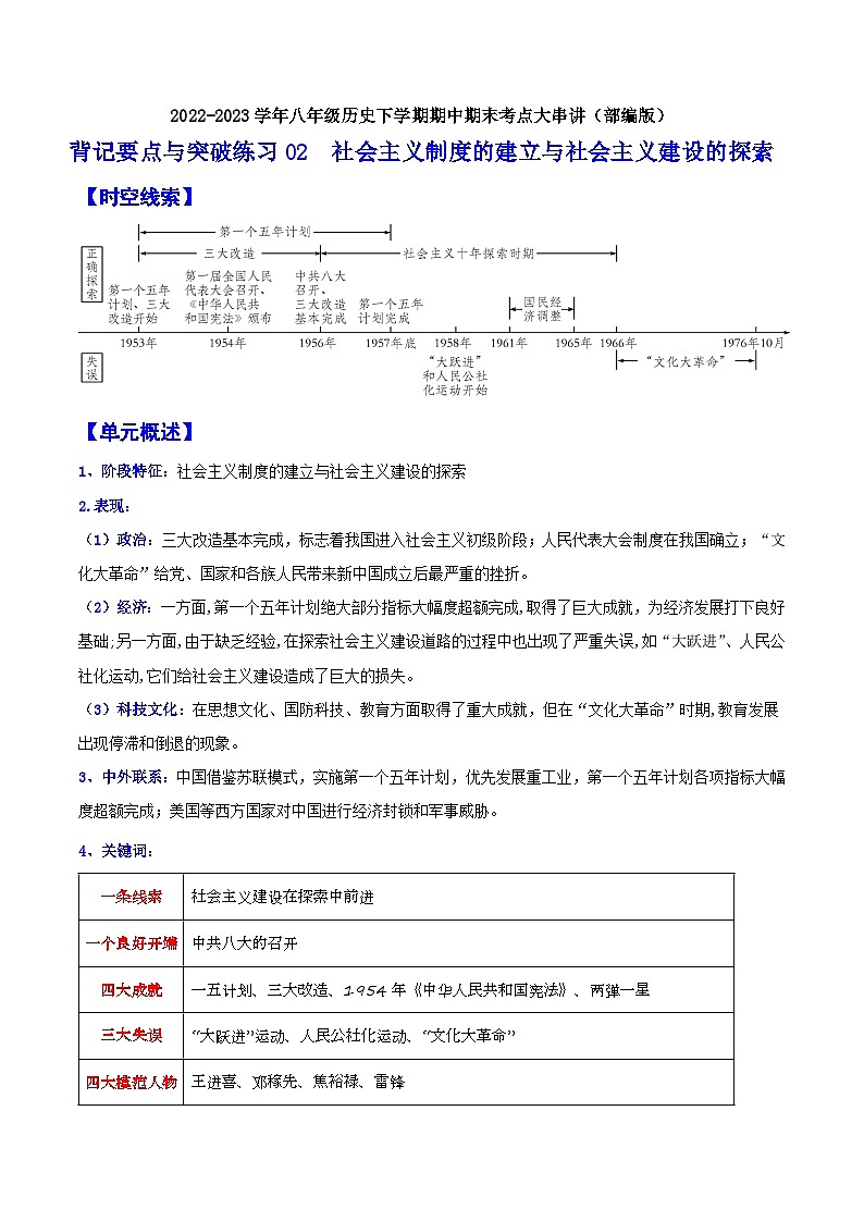 【期末综合复习】部编版历史八年级下册 背记要点与突破练习02 社会主义制度的建立与社会主义建设的探索01