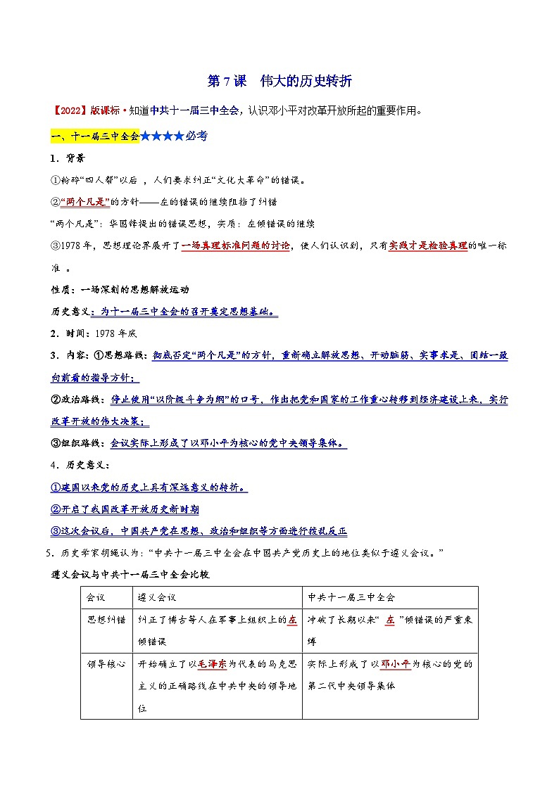 【期末综合复习】部编版历史八年级下册 背记要点与突破练习03 中国特色社会主义道路02