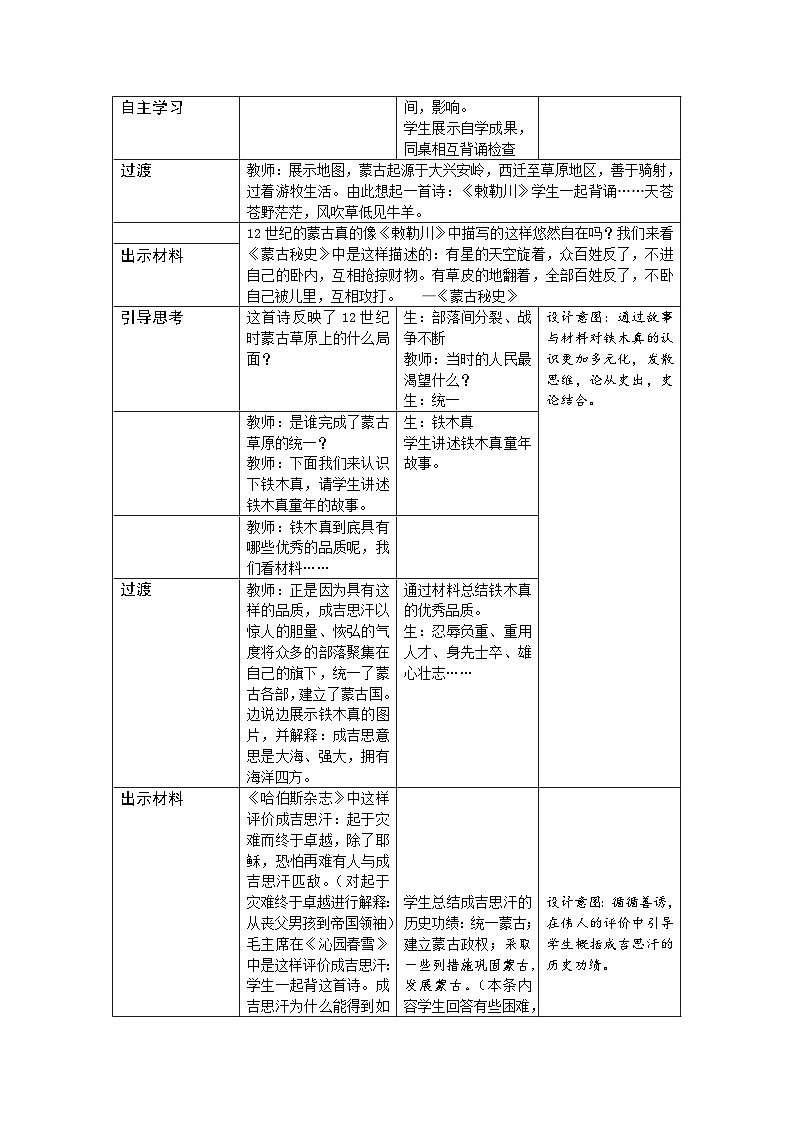 第10课 蒙古族的兴起与元朝的建立 教学设计02