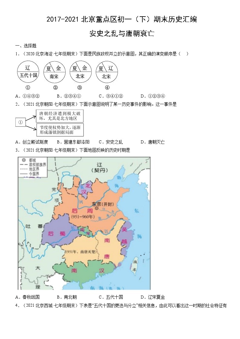 2017-2021北京重点区初一（下）期末历史汇编：安史之乱与唐朝衰亡第1页