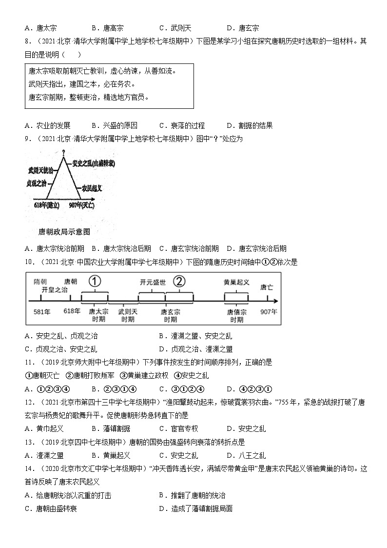 2017-2021北京初一（下）期中历史汇编：安史之乱与唐朝衰亡 试卷02