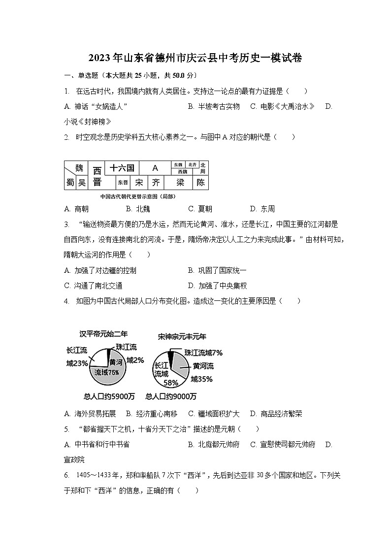 2023年山东省德州市庆云县中考历史一模试卷（含解析）01