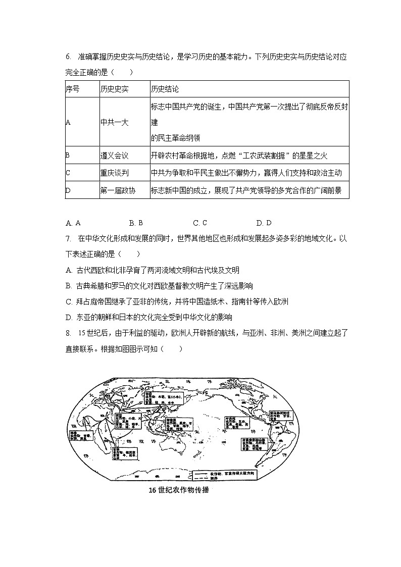 2023年湖南省长沙市华益中学中考历史全真模拟试卷（含解析）02