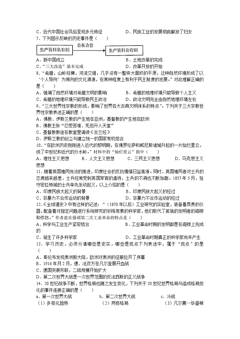 2023年辽宁省沈阳市第一二六中学中考三模历史试题(无答案)02