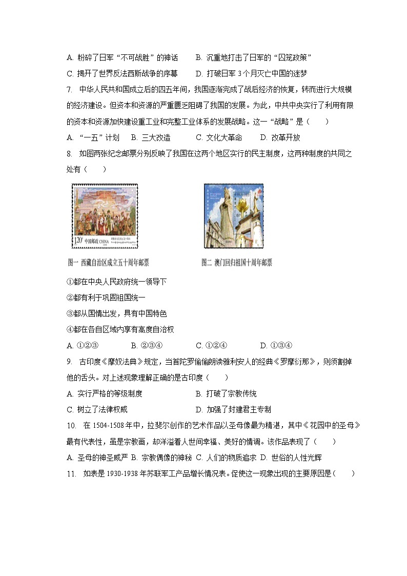 2023年陕西省榆林市子洲县张家港希望中学中考历史模拟预测试卷（含解析）02