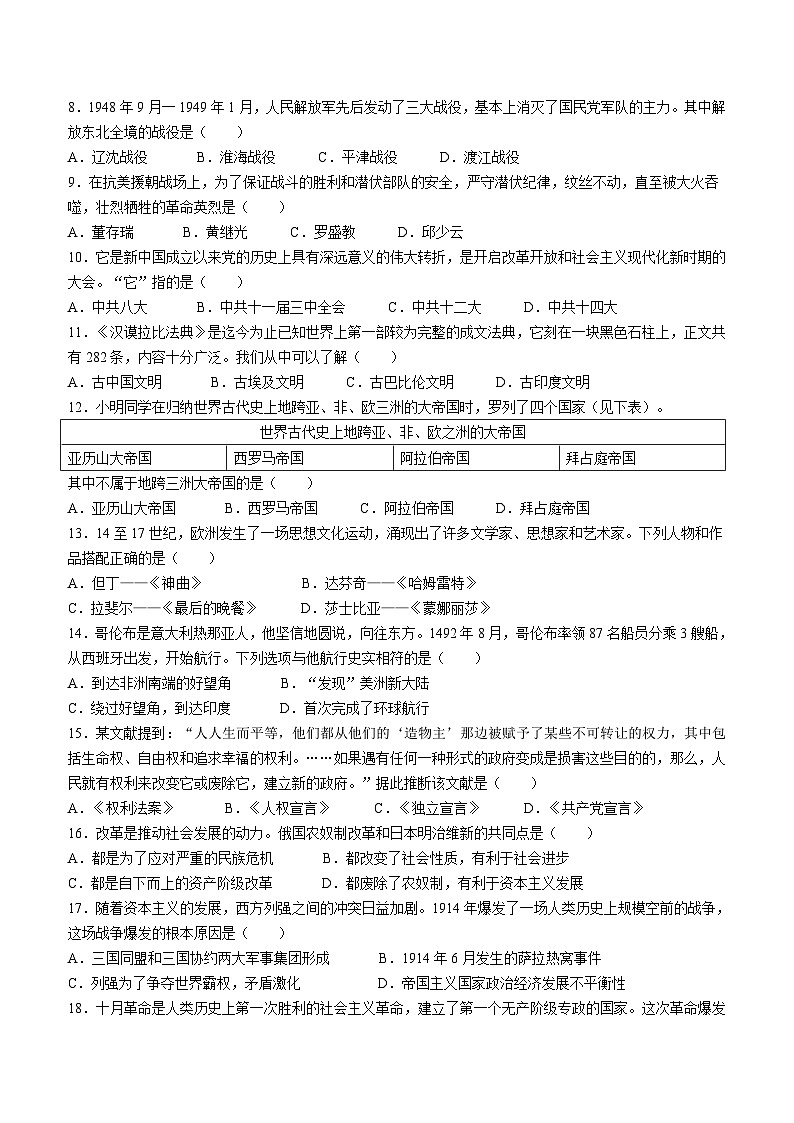 2023年湖南省怀化市中考历史真题(无答案)02