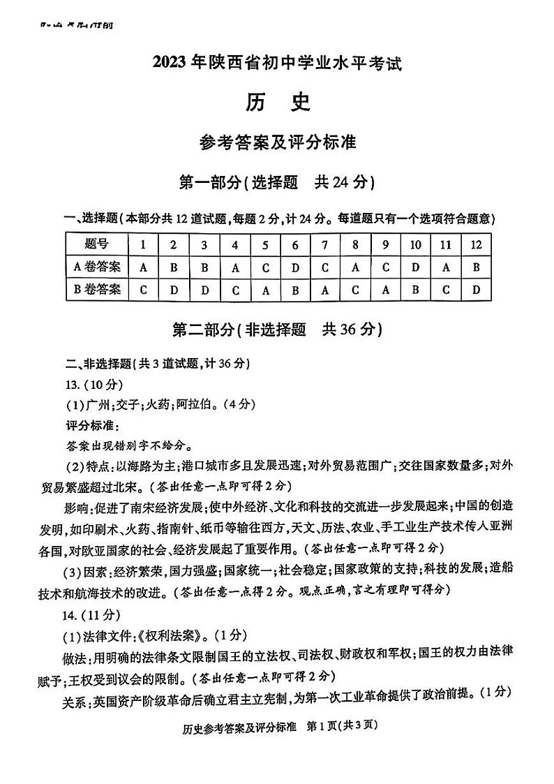 2023年陕西省中考历史真题（A卷）01