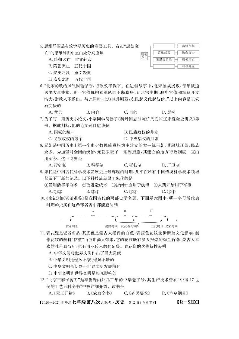 山西省2020-2021学年七年级下学期第八次大联考历史试卷含参考答案第2页