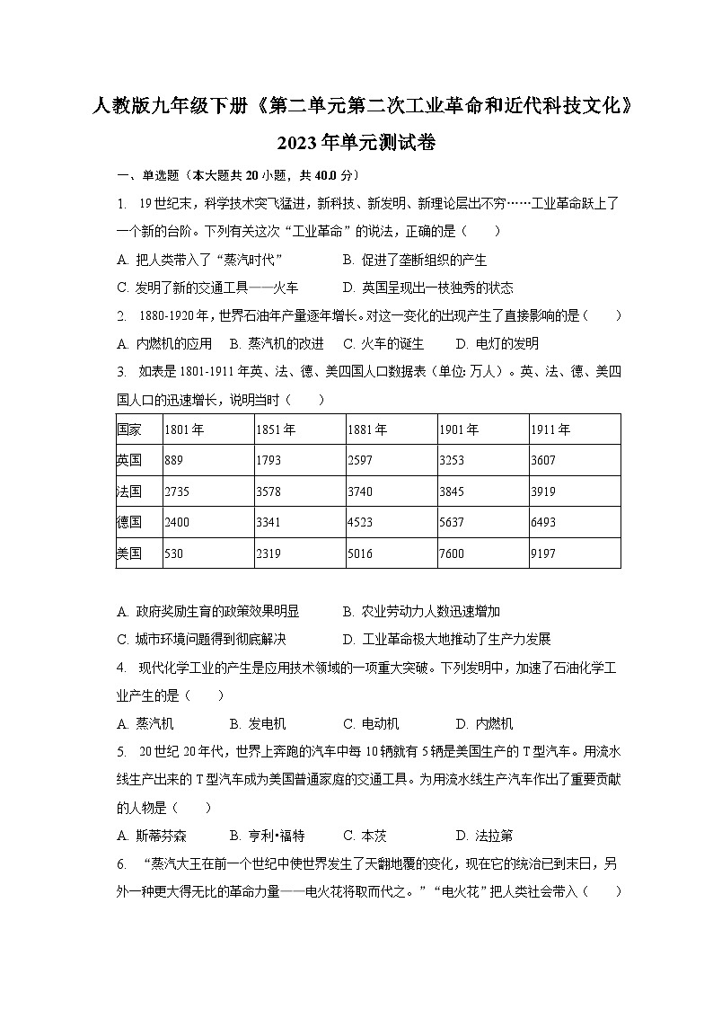 人教版九年级下册《第二单元 第二次工业革命和近代科技文化》2023年单元测试卷（含解析）01